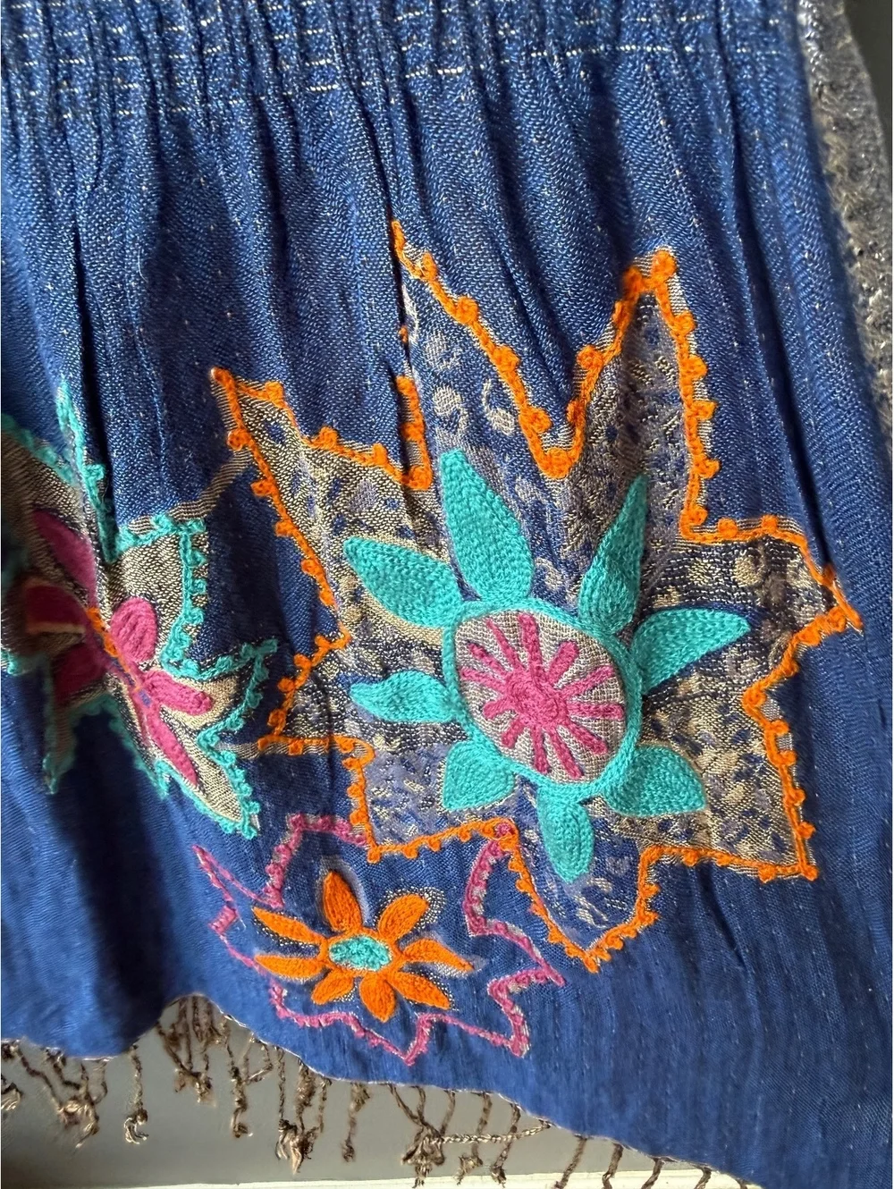 Bohemian Style Two-Tone Scarf/shawl with Floral Embroidery and Fringe